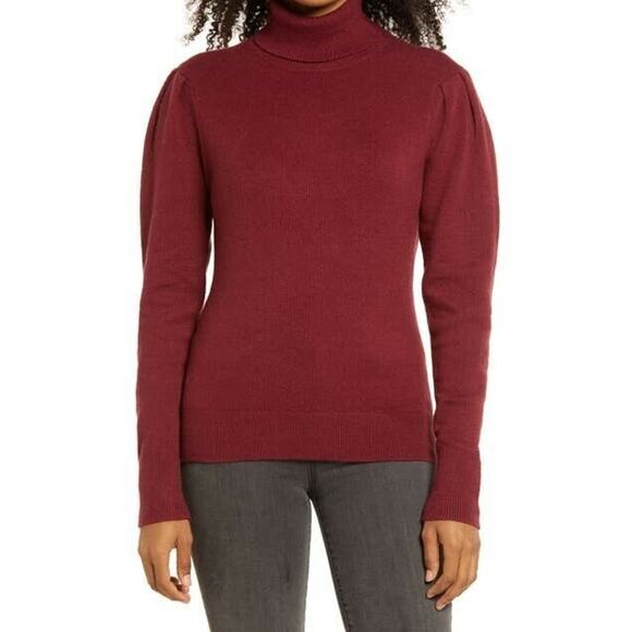 RACHEL PARCELL NEW $79 Puff Shoulder‎ Turtleneck Sweater in Red Cordavan XS - Picture 1 of 3